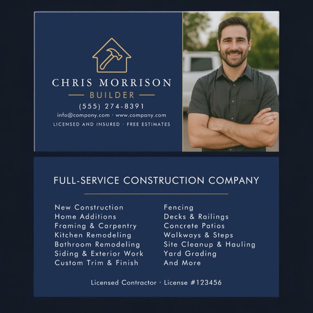 Builder Navy Blue Gold Photo Construction  Visitenkarte (Von Creator hochgeladen)