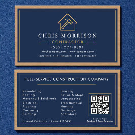 Building Construction Navy Blue Gold Wood QR Code Visitenkarte