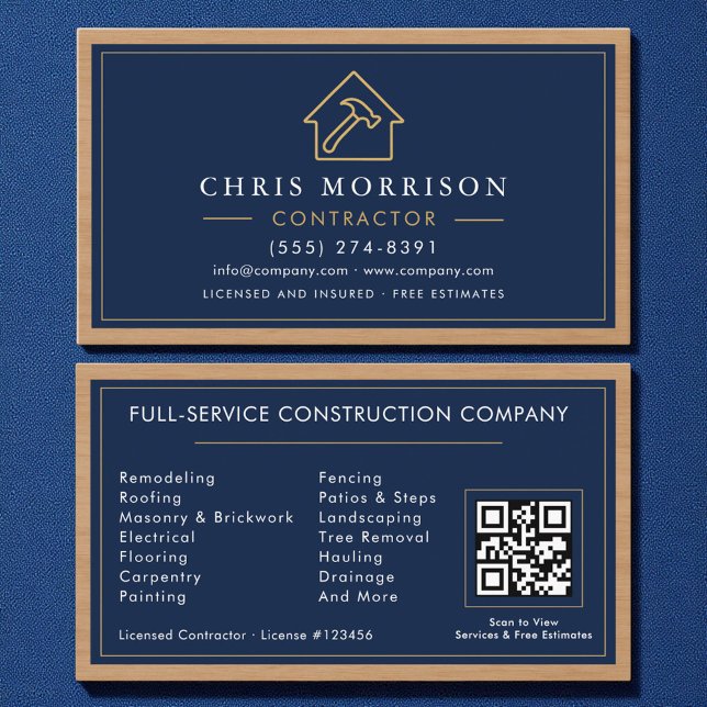 Building Construction Navy Blue Gold Wood QR Code Visitenkarte (Von Creator hochgeladen)