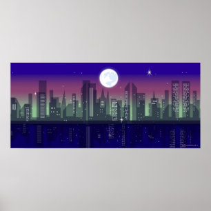 Buildings lit up at night poster