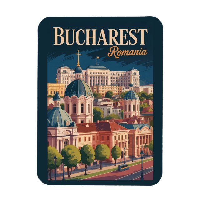 Bukarest Skyline Illustration Reise Kunst Vintage Magnet (Vertikal)