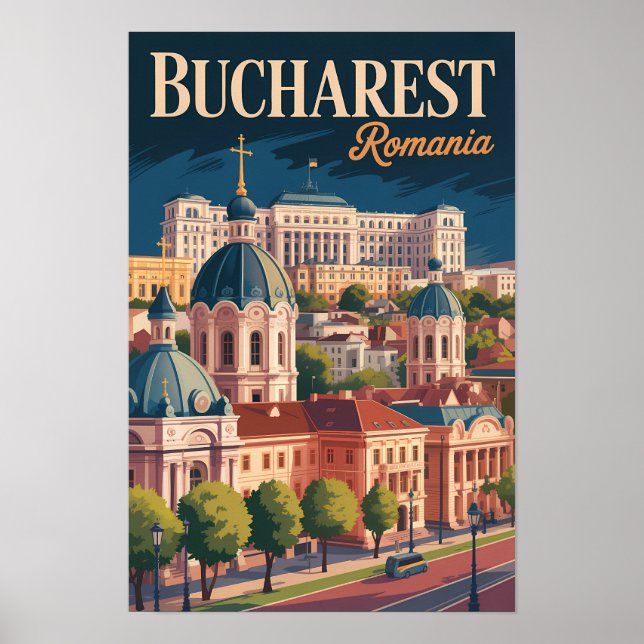 Bukarest Skyline Illustration Reise Kunst Vintage Poster (Vorne)