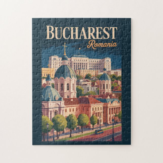 Bukarest Skyline Illustration Reise Kunst Vintage Puzzle (Vertikal)