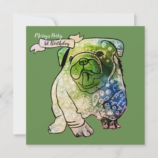 Buldog Welppy zum Geburtstag Einladung French Bull (Vorderseite)