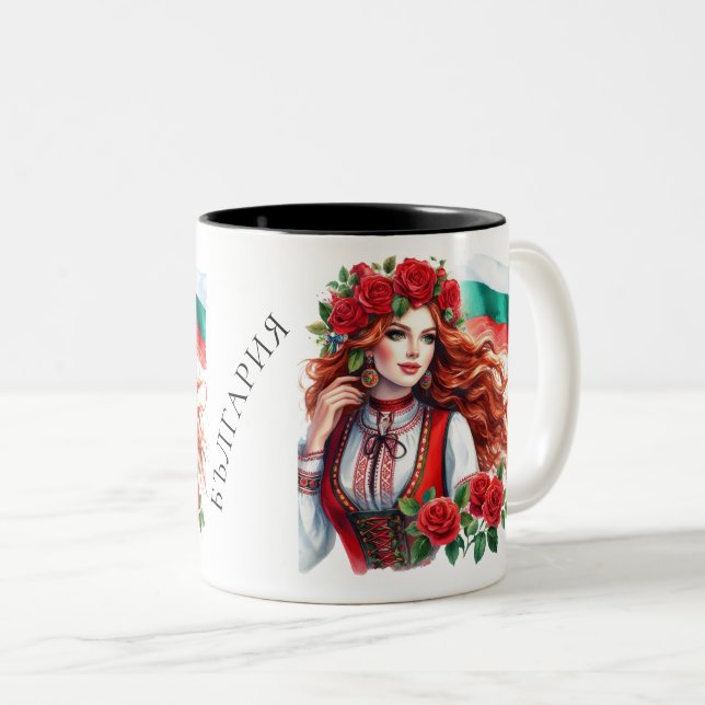 Bulgarische Flagge Tradition Folklore Frauen Rote  Zweifarbige Tasse (VorderseiteRechts)