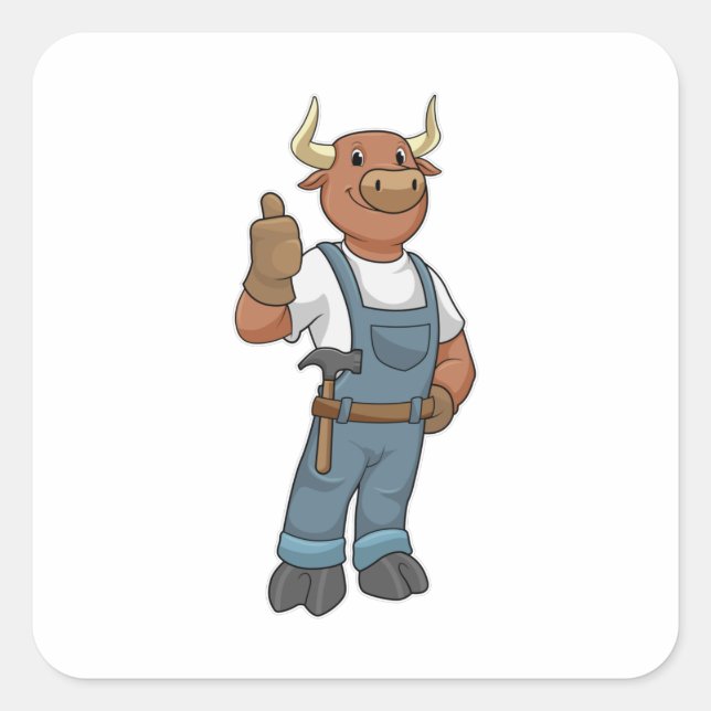 Bull als Handyman mit Hammer Quadratischer Aufkleber (Vorderseite)
