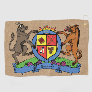 Bull and Boar Rampant GRILLEN Coat of Arms Golfhandtuch