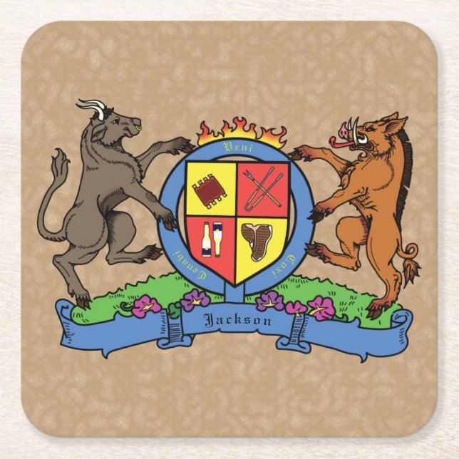 Bull and Boar Rampant GRILLEN Coat of Arms Rechteckiger Pappuntersetzer (Vorderseite)