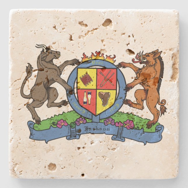 Bull and Boar Rampant GRILLEN Coat of Arms Steinuntersetzer (Vorderseite)