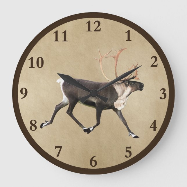Bull Caribbean (Rentier) auf altem Papier Große Wanduhr (Vorderseite)