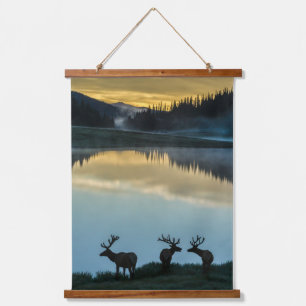 Bull Elche Silhouetten Poudre Lake Sonnenaufgang Wandteppich Mit Holzrahmen