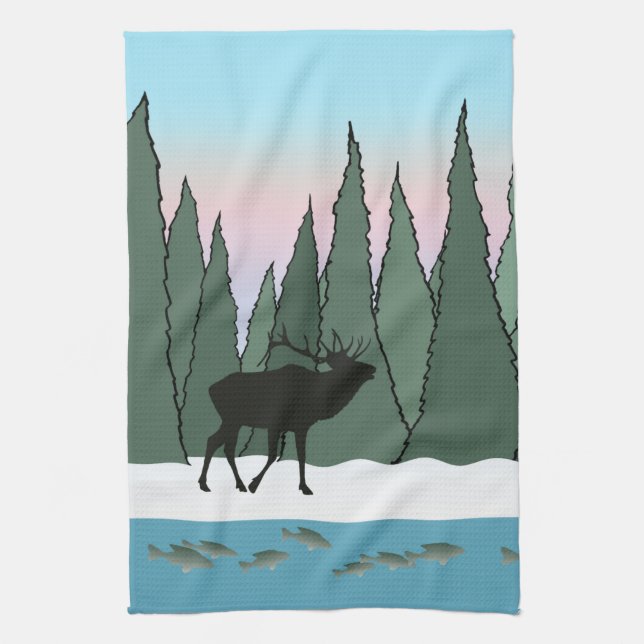 Bull Elk and Fish Kittuch Geschirrtuch (Vertikal)