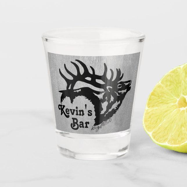 Bull Elk auf Silberleder-Strahlglas Schnapsglas (Vorderseite)