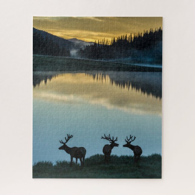 Bull Elks Silhouette Poudre Lake Sunrise Puzzle (Vertikal)