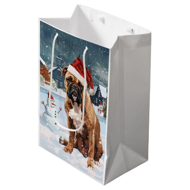 Bull Mastiff Dog Winter Wunderland Weihnachtsfreud Mittlere Geschenktüte (Vorderseite Schrägansicht)