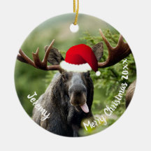 Bull Moose in Santa Hat Ceramic Ornament