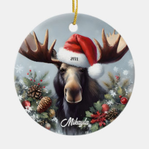 Bull Moose mit Santa Hut Weihnachten Keramik Ornament