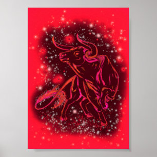 Bull rennt auf Red Starry Night Poster