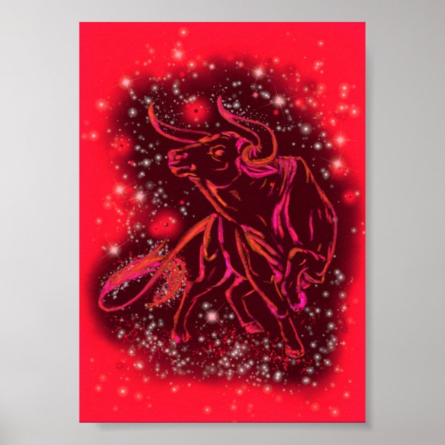 Bull rennt auf Red Starry Night Poster (Vorne)