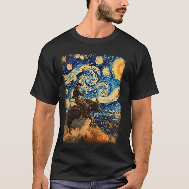 Bull Rider Bull Riding Cowboy Starry Night Paintin T-Shirt (Vorderseite)