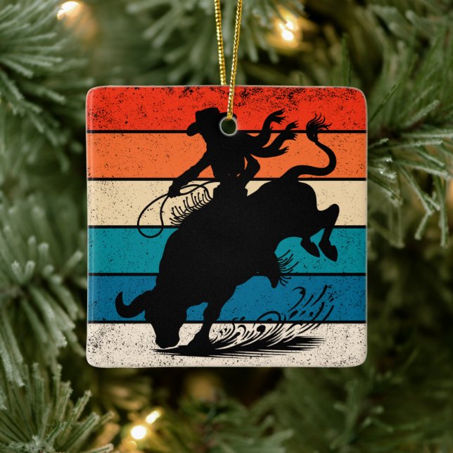 Bull Riding Rodeo Bull Riders Western Ranch Retro Keramikornament (Baum)