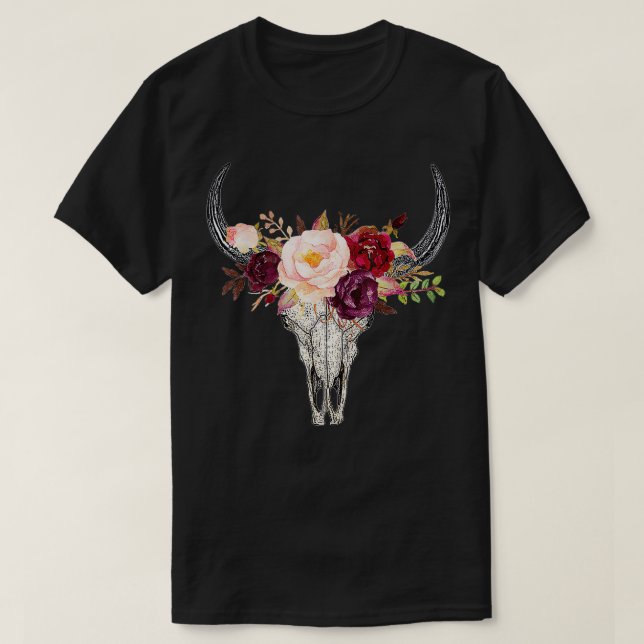 Bull Skull Blume niedlich  T-Shirt (Design vorne)