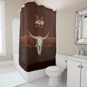 Bull Skull Brown Monogram Country Rustic Western Duschvorhang