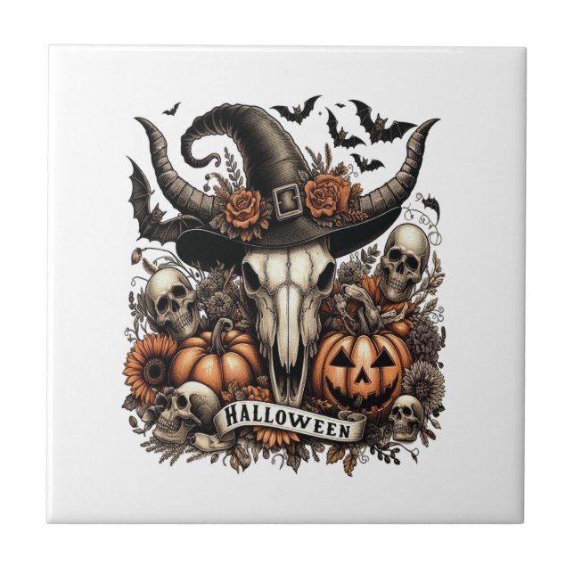 Bull Skull Halloween Cow Fliese (Vorderseite)