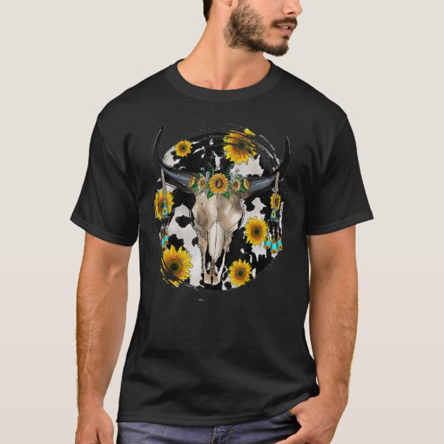 Bull Skull Leopard Cowhide Sunflower Western T-Shirt (Vorderseite)