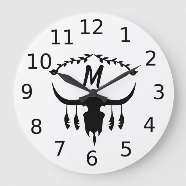 Bull Skull mit Black Feathers Silhouette Große Wanduhr (Vorderseite)