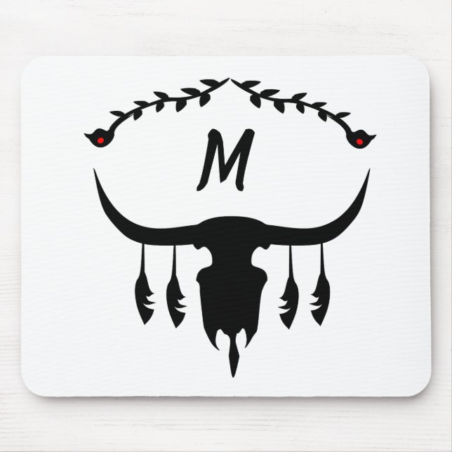 Bull Skull mit Black Feathers Silhouette Mousepad (Vorne)