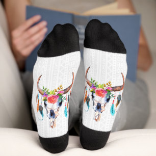 Bull Skull mit Blume und Federn Socken