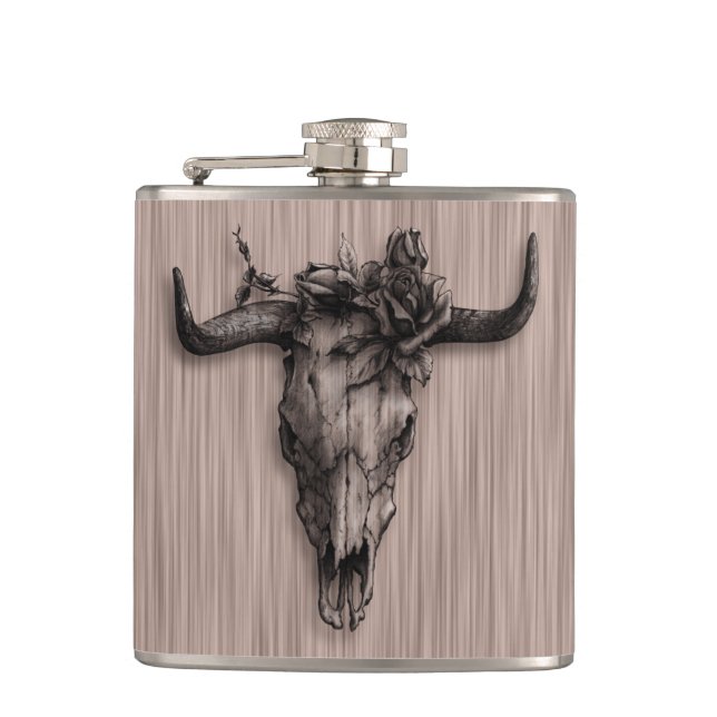 Bull Skull und Rose mit Fasermuster Flachmann (Vorderseite)