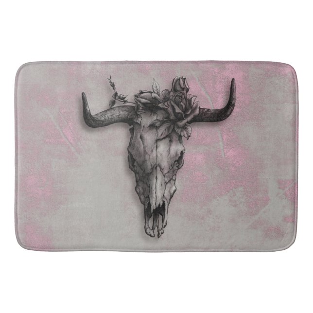 Bull Skull und Rose Rustikal rosa grau Badematte (Vorderseite)
