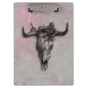 Bull Skull und Rose Rustikal rosa grau Klemmbrett