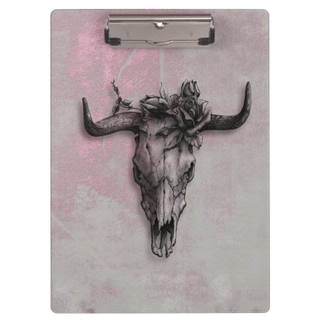Bull Skull und Rose Rustikal rosa grau Klemmbrett (Vorderseite)