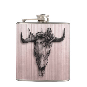 Bull Skull und Rose Streifen Rose Gold Grau Flachmann