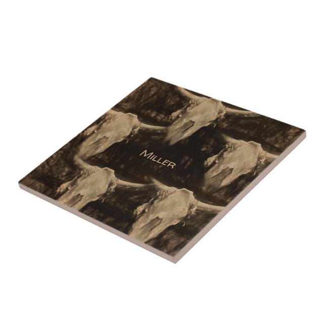 Bull Skull Western Rustikales Land Braun Sepia Art Fliese (Seite)