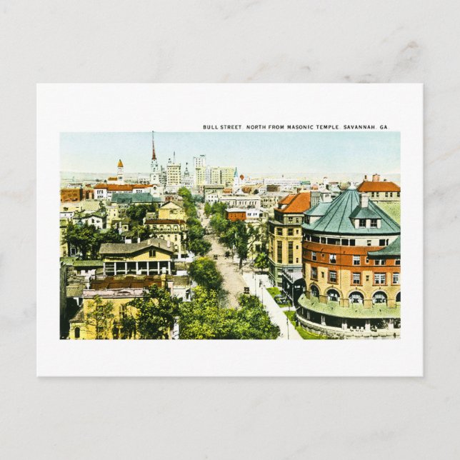 Bull Street North von Masonic Temple, Savannah, GA Postkarte (Vorderseite)