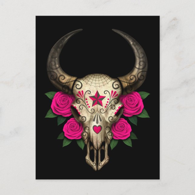 Bull Sugar Skull mit rosa Rosen auf schwarz Postkarte (Vorderseite)