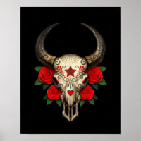Bull Sugar Skull mit Rote Rosen auf schwarz