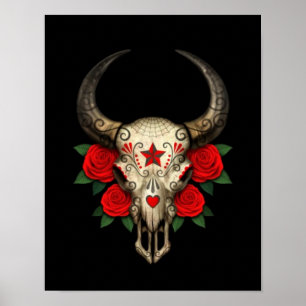 Bull Sugar Skull mit Rote Rosen auf schwarz Poster