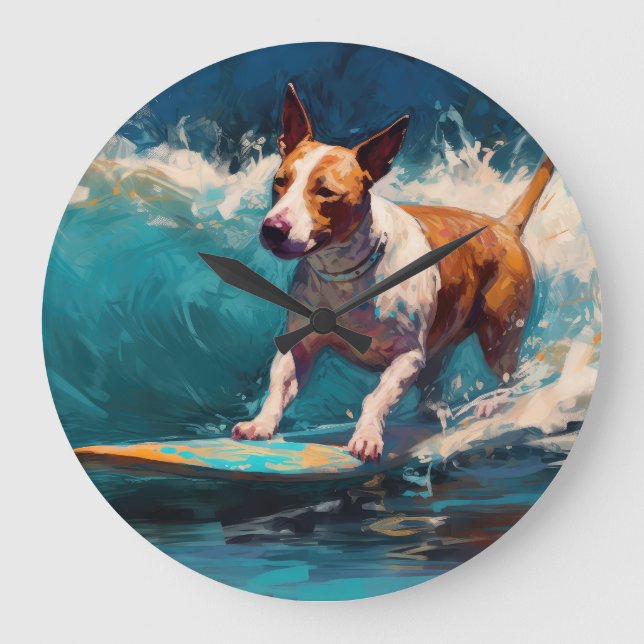 Bull Terrier Beach Surfanstrich Große Wanduhr (Vorderseite)