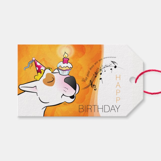 Bull Terrier Cartoon "Happy Birthday" Geschenkmark Geschenkanhänger (Vorderseite (Horizontal))