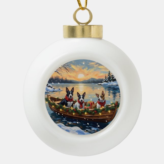 Bull Terrier Christmas Boat Holiday Keramik Kugel-Ornament (Vorderseite)
