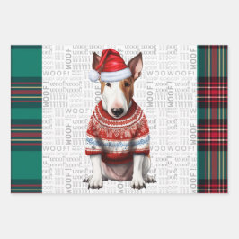 Bull Terrier Christmas Dog Red Green Kariert Geschenkpapier Set