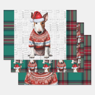 Bull Terrier Christmas Dog Red Green Kariert Geschenkpapier Set