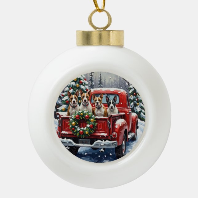 Bull Terrier Christmas Red Truck Holiday Keramik Kugel-Ornament (Vorderseite)