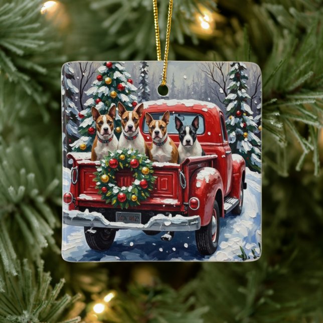 Bull Terrier Christmas Red Truck Holiday Keramikornament (Baum)