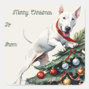 Bull Terrier & Christmas Tree-Geschenksticker Quadratischer Aufkleber